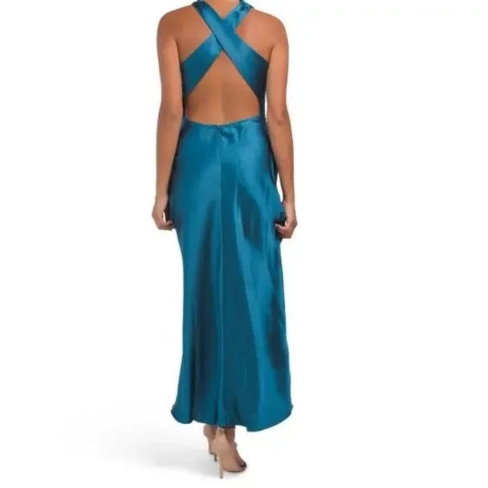 NWT House of Harlow 1960 Teal Blue Halter Dress Cocktail Cowl neck Satin Maxi M